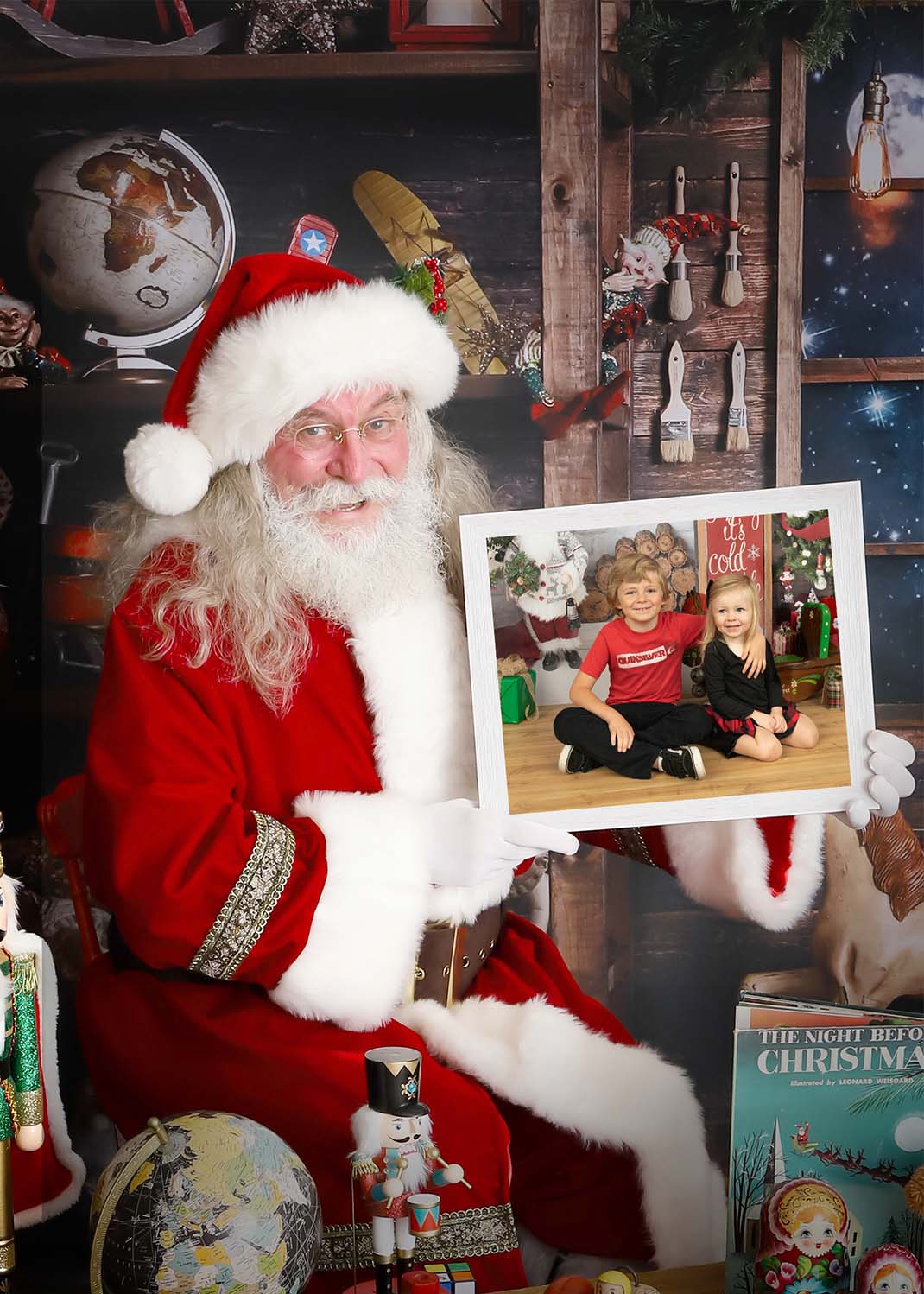 A boy and a girl are visiting Santa at a Brentwood Santa mini session.